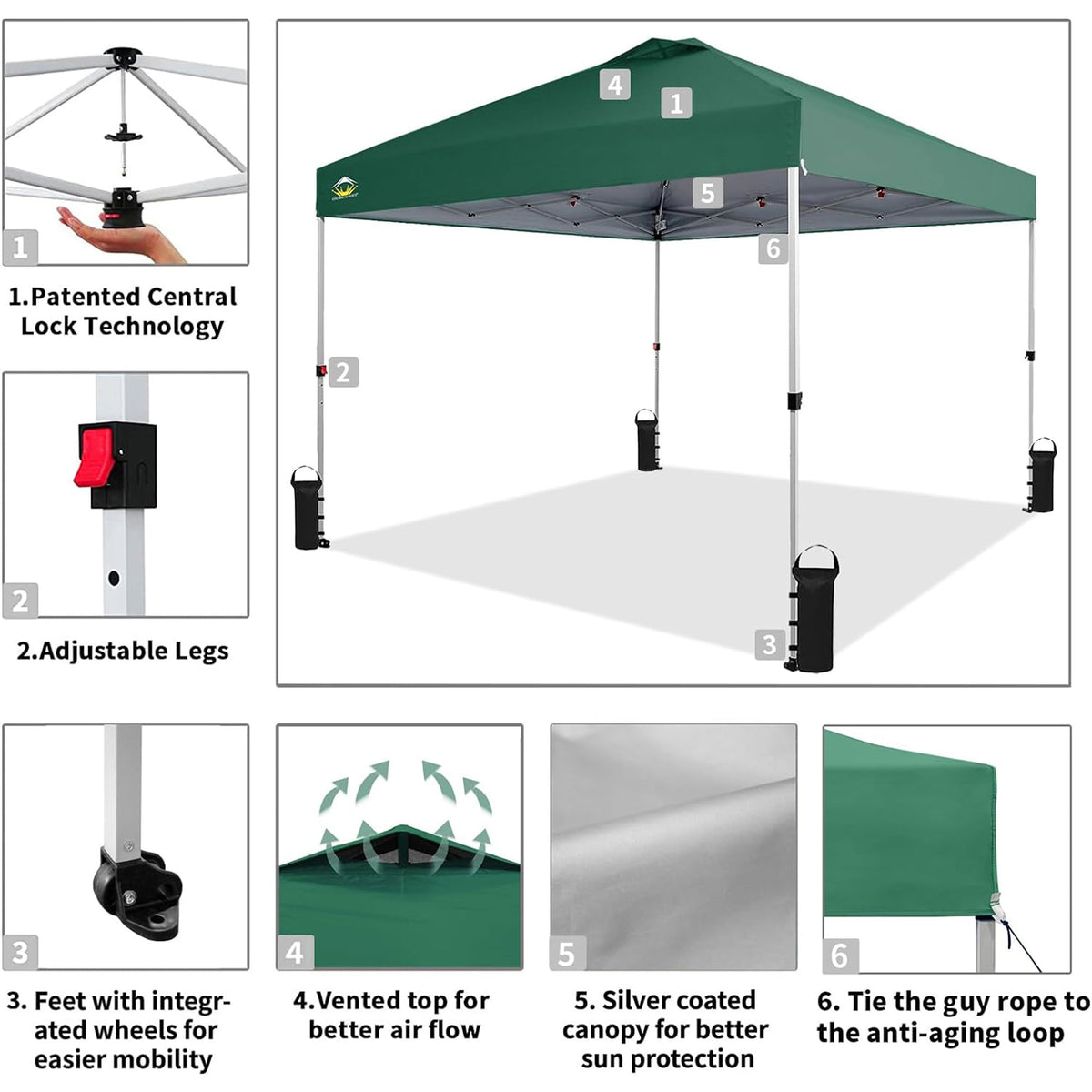 CROWN SHADES 10x10 Ft Pop Up Outdoor Canopy Tent, Push Center Lock, Forest Green