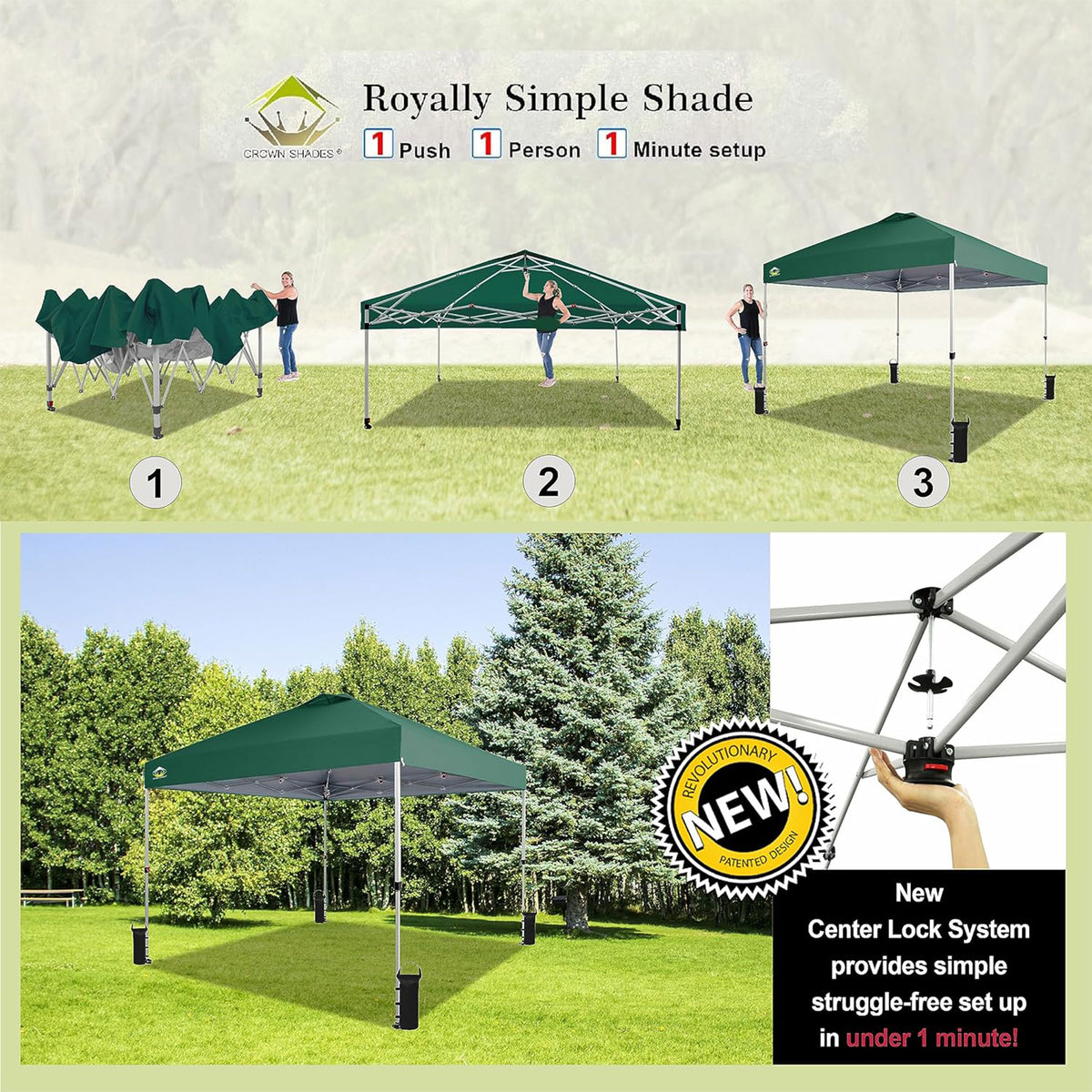 CROWN SHADES 10x10 Ft Pop Up Outdoor Canopy Tent, Push Center Lock, Forest Green
