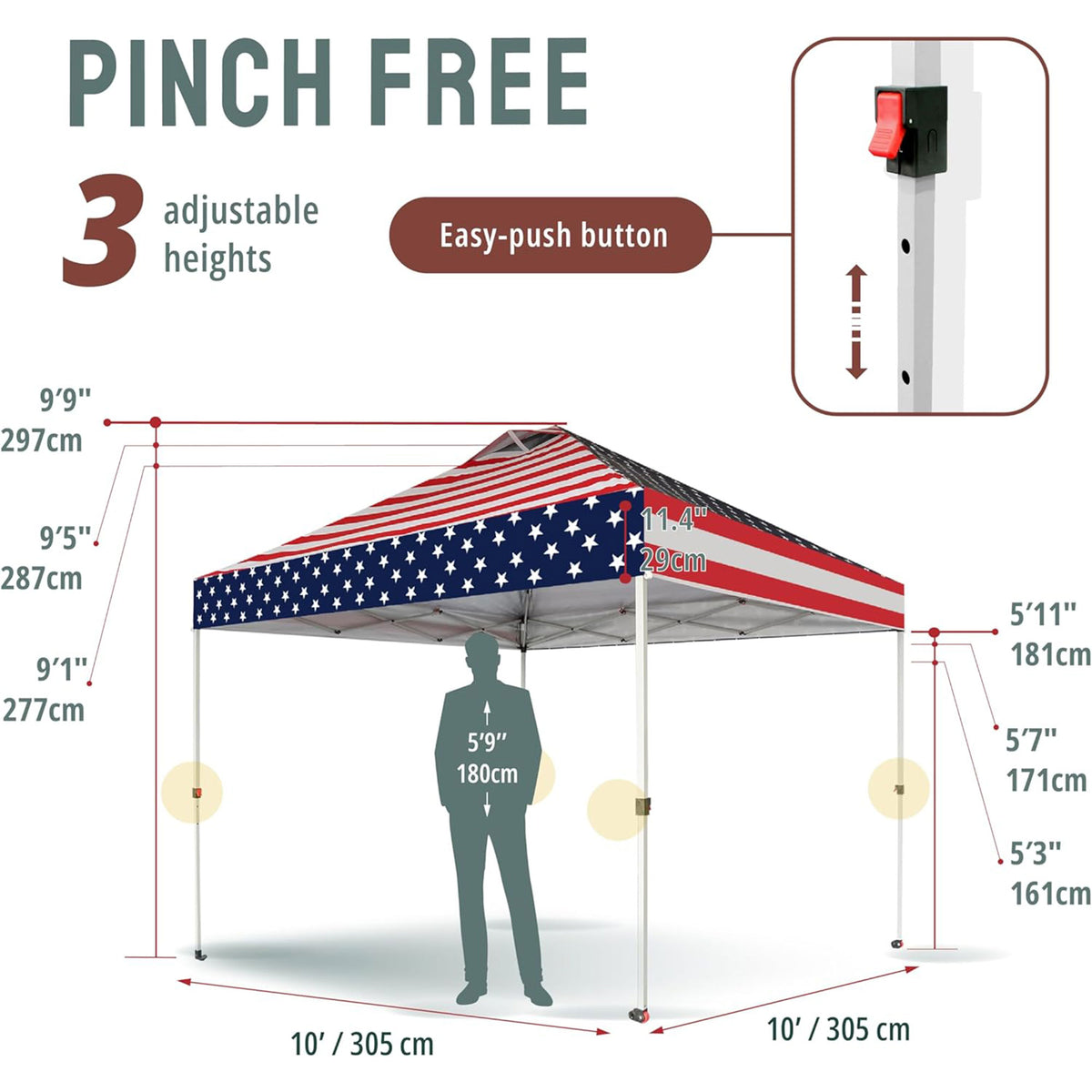 CROWN SHADES 10x10 Ft Outdoor Canopy Tent with 1 Push Center Lock, American Flag