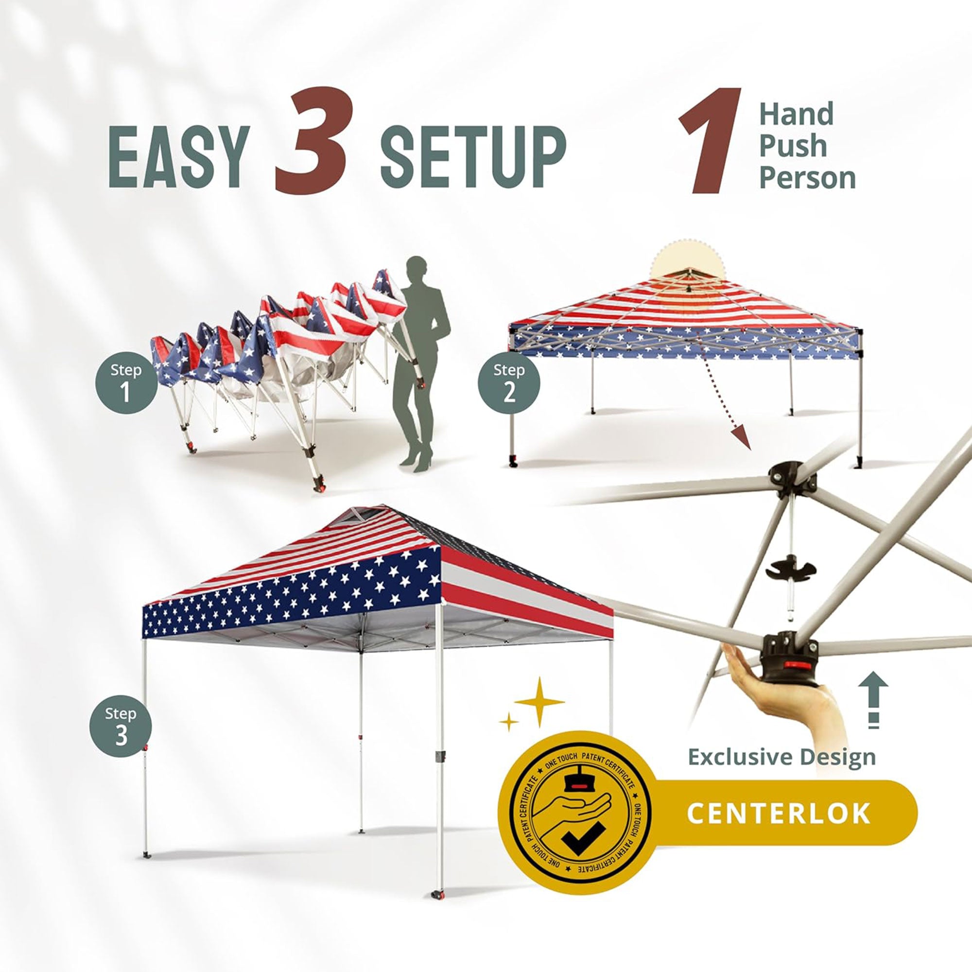 CROWN SHADES 10x10 Ft Outdoor Canopy Tent with 1 Push Center Lock, American Flag