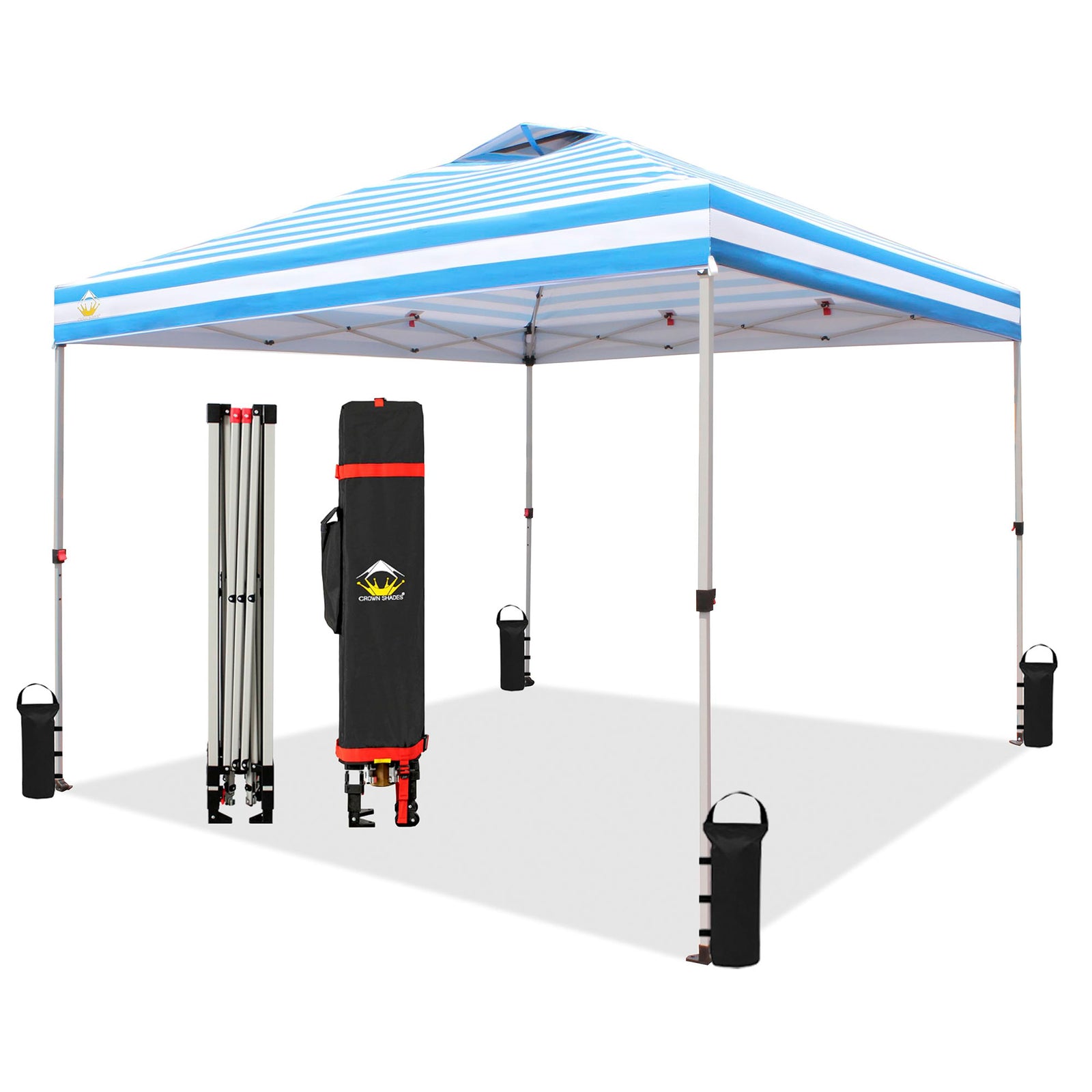 CROWN SHADES 10x10 Ft Outdoor Canopy Tent, 1 Push Lock, Sky Blue Stripes (Used) - VMInnovations