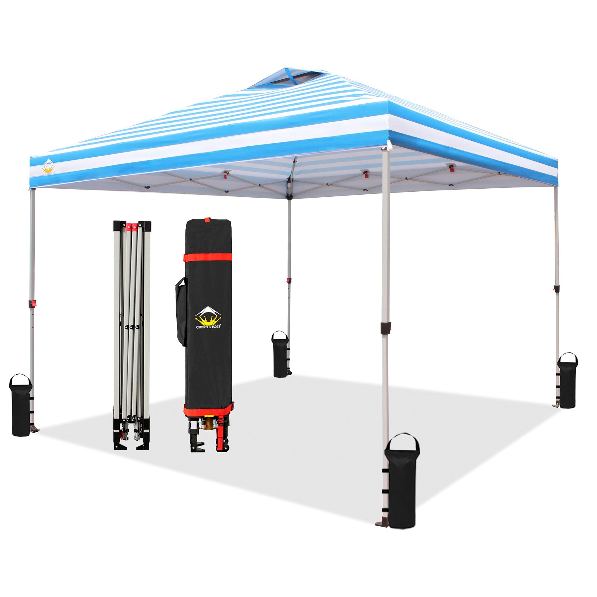 CROWN SHADES 10x10 Ft Outdoor Canopy Tent, 1 Push Center Lock, Sky Blue Stripes (Open Box) - VMInnovations