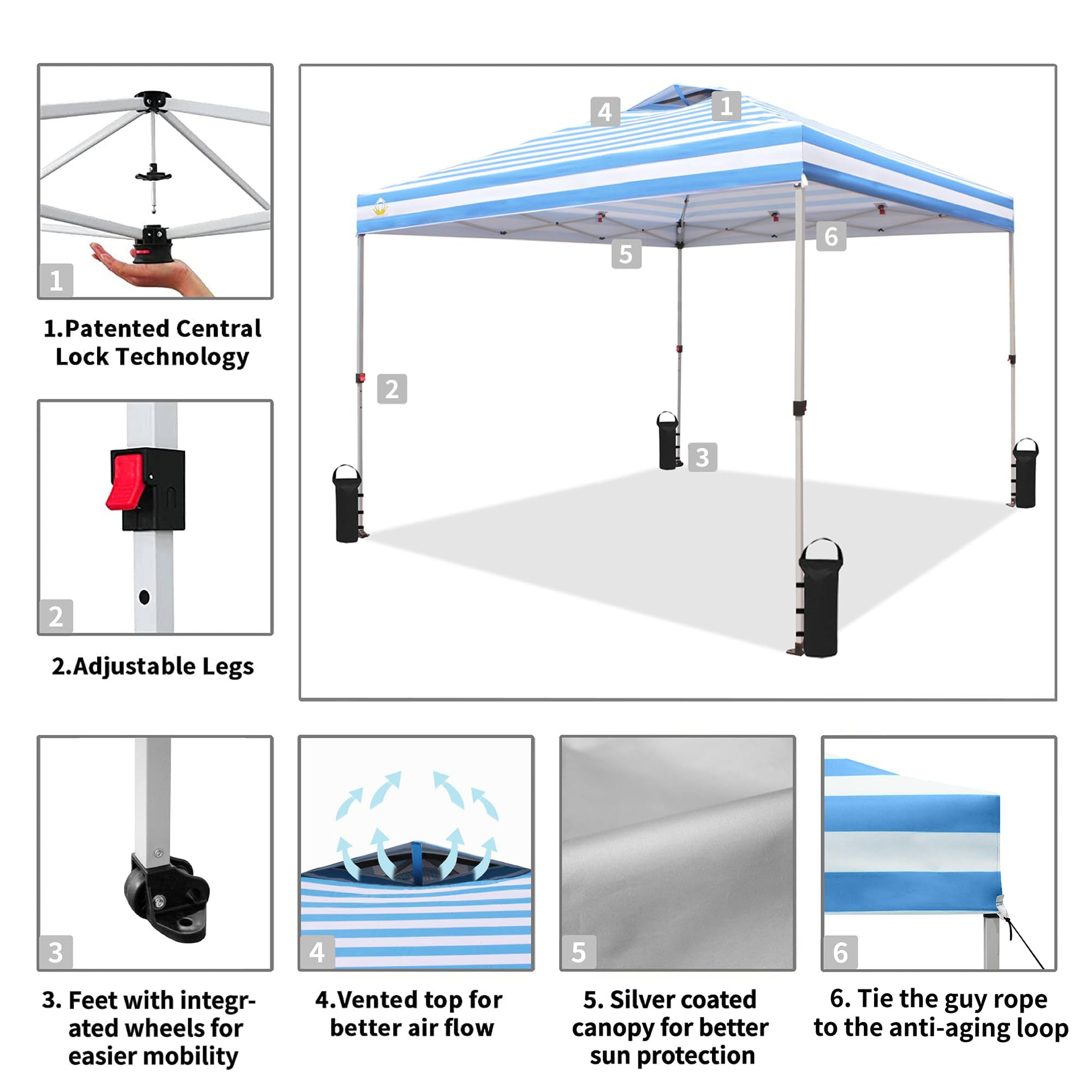 CROWN SHADES 10x10 Ft Outdoor Canopy Tent, 1 Push Center Lock, Sky Blue Stripes (Open Box) - VMInnovations