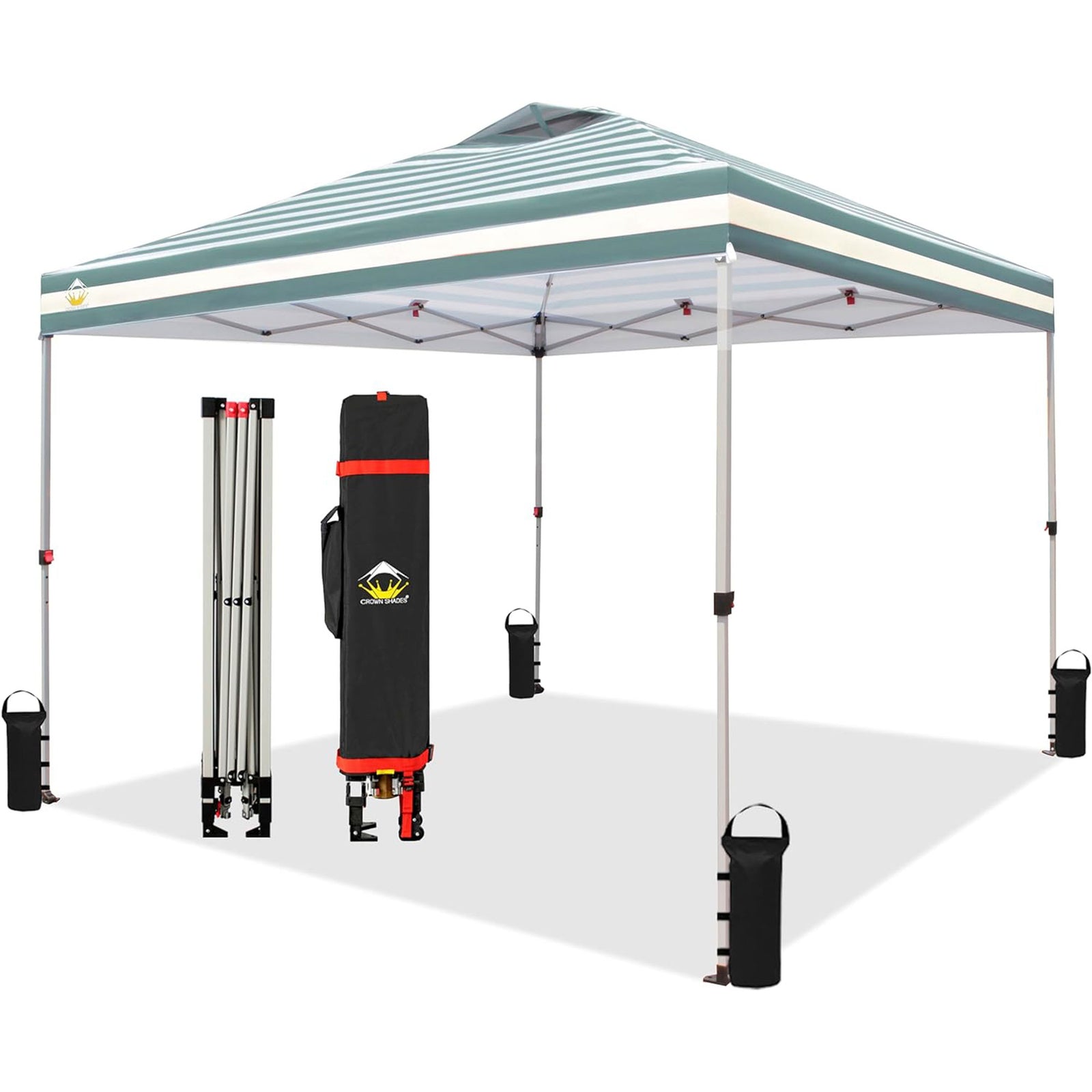 CROWN SHADES 10x10 Ft Pop Up Canopy Tent, Push Center Lock, Cyan Stripes (Used) - VMInnovations