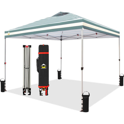 CROWN SHADES 10x10 Ft Pop Up Outdoor Canopy Tent, Push Center Lock, Cyan Stripes - VMInnovations