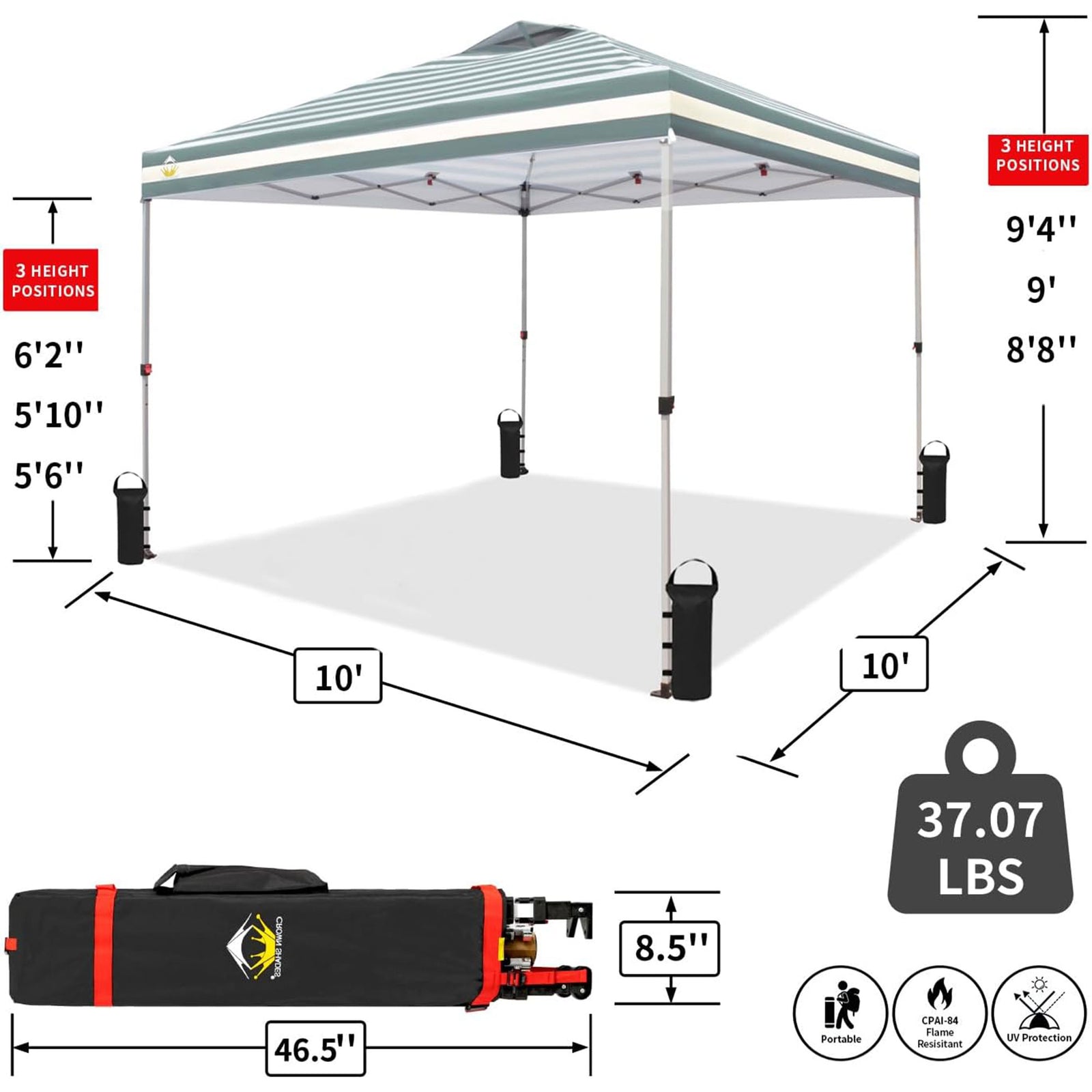 CROWN SHADES 10x10 Ft Pop Up Canopy Tent, Push Center Lock, Cyan Stripes (Used) - VMInnovations