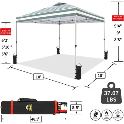 CROWN SHADES 10x10 Ft Pop Up Outdoor Canopy Tent, Push Center Lock, Cyan Stripes - VMInnovations