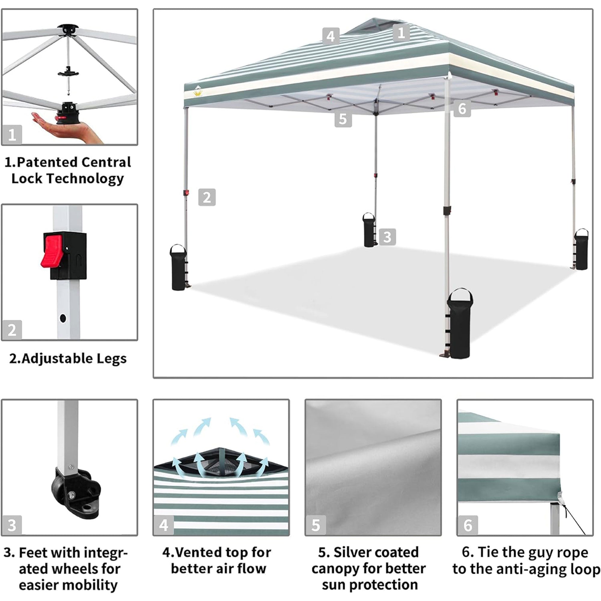 CROWN SHADES 10x10 Ft Pop Up Outdoor Canopy Tent, Push Center Lock, Cyan Stripes - VMInnovations