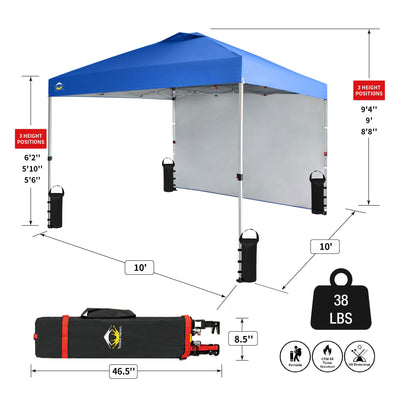 CROWN SHADES 10x10 Ft Pop Up Canopy Tent w/ Sidewall & Push Center Lock, Blue