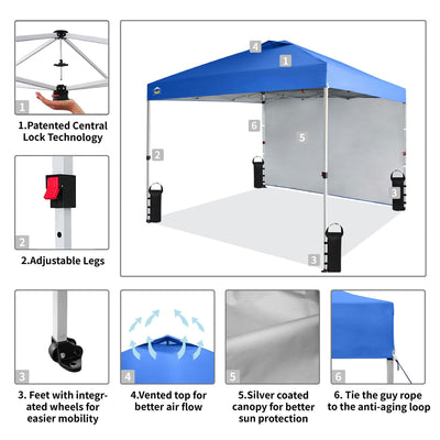 CROWN SHADES 10x10 Ft Pop Up Canopy Tent w/ Sidewall & Push Center Lock, Blue
