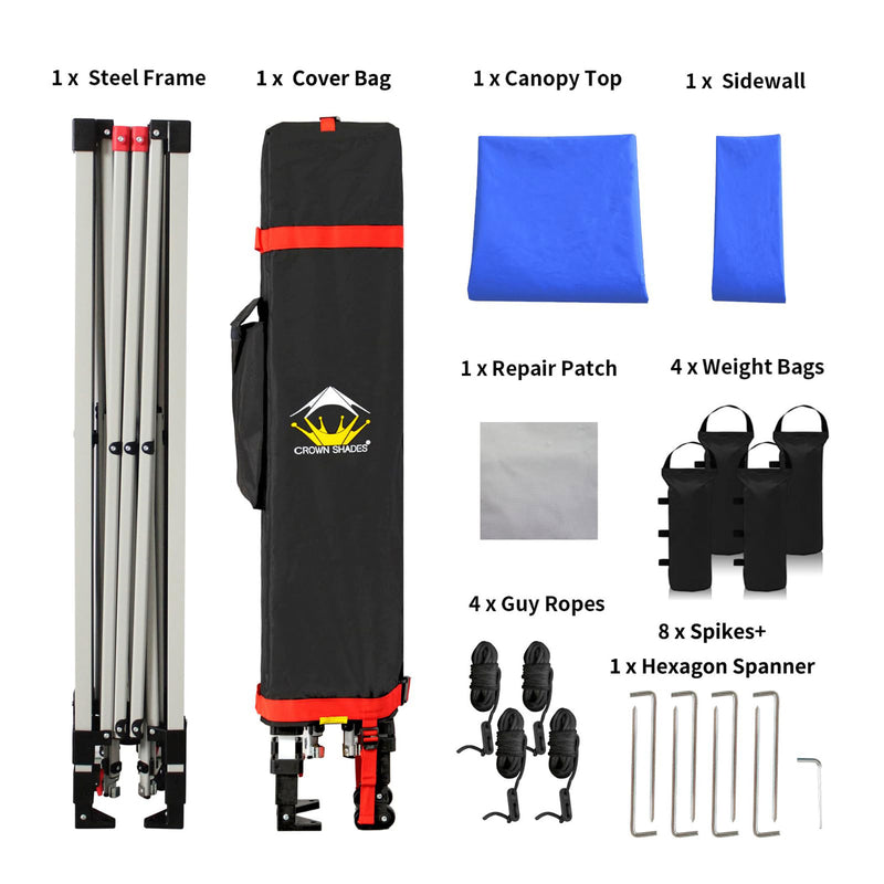 CROWN SHADES 10x10 Ft Pop Up Canopy Tent w/Sidewall & Push Lock, Blue (Used)