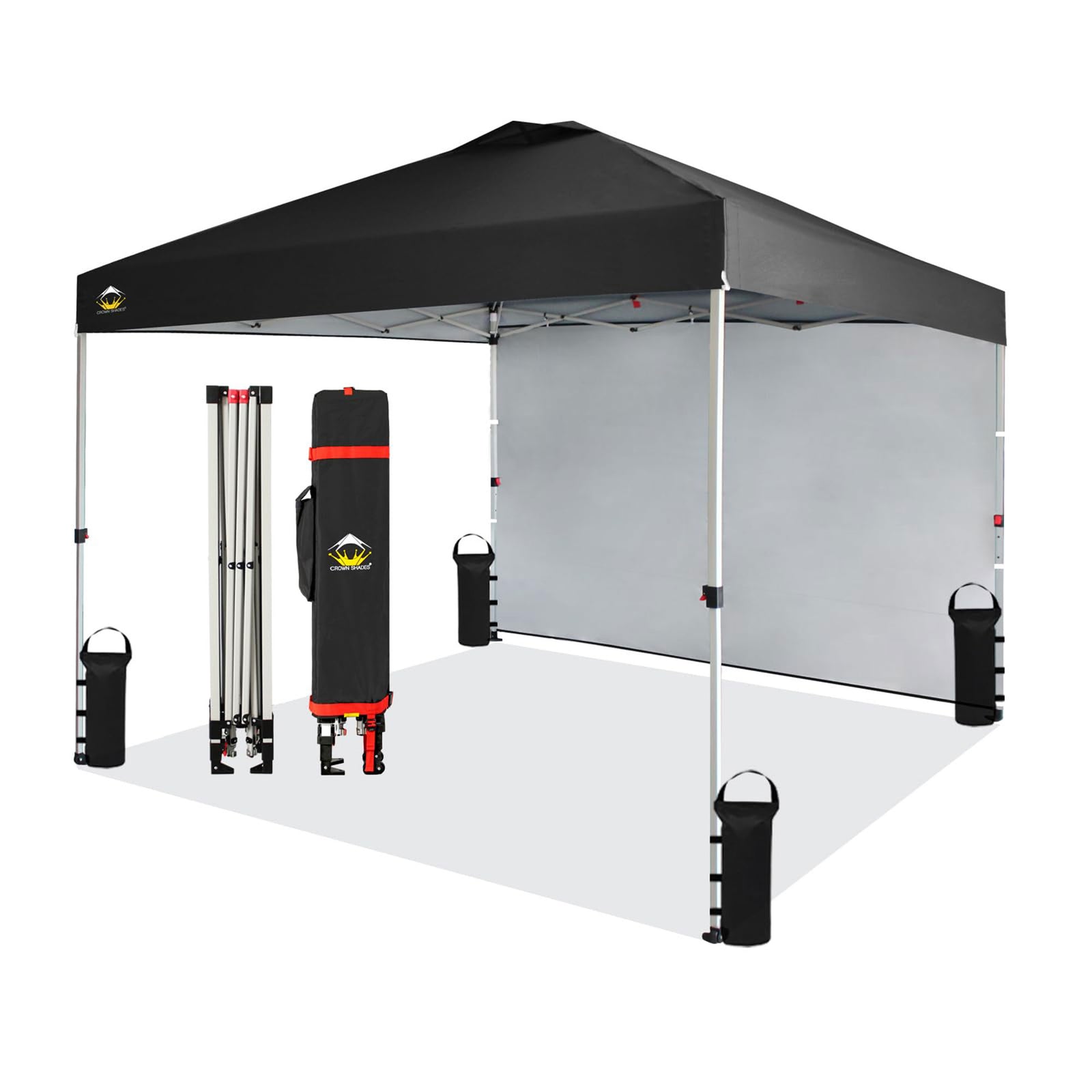 CROWN SHADES 10x10 Ft Pop Up Canopy w/ Sidewall & Push Center Lock, Black (Used) - VMInnovations