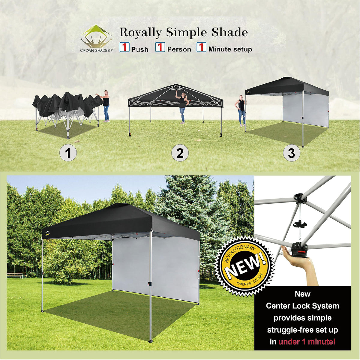 CROWN SHADES 10x10 Ft Pop Up Canopy Tent w/ Sidewall & Push Center Lock, Black