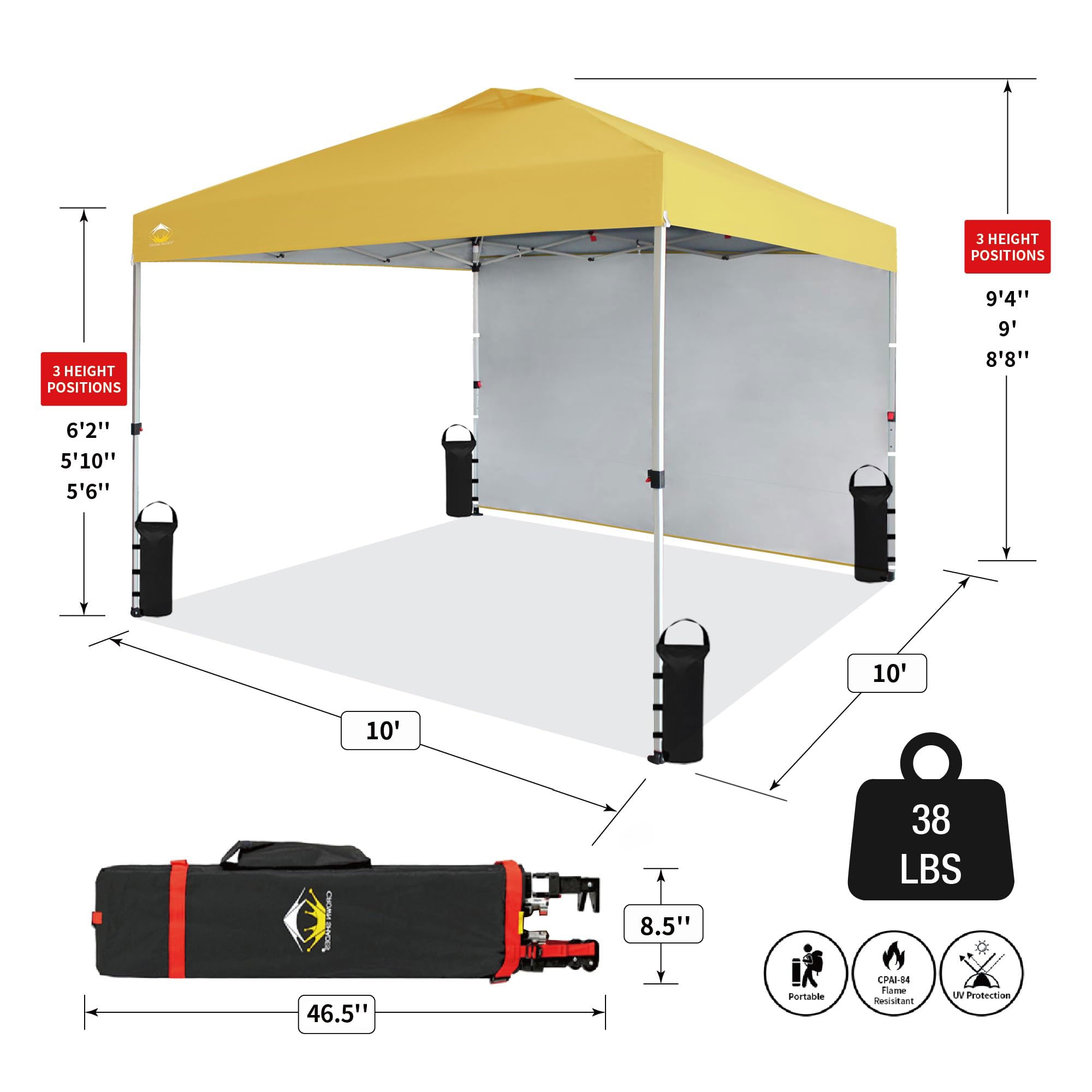 CROWN SHADES 10x10 Ft Pop Up Canopy Tent w/ Sidewall & Push Center Lock, Yellow - VMInnovations