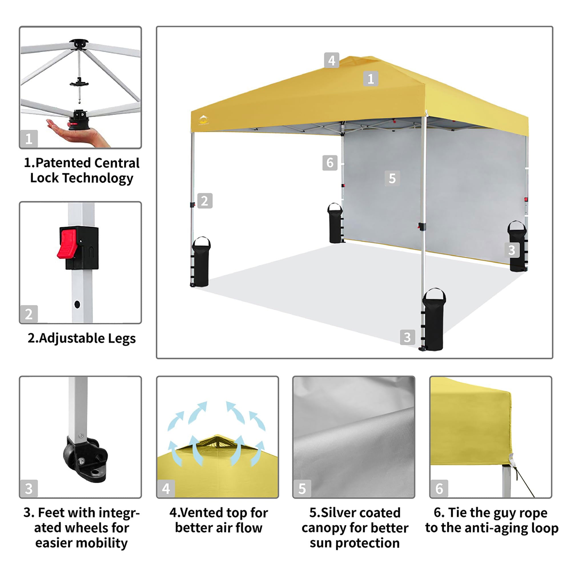 CROWN SHADES 10x10 Ft Pop Up Canopy Tent w/ Sidewall & Push Center Lock, Yellow - VMInnovations