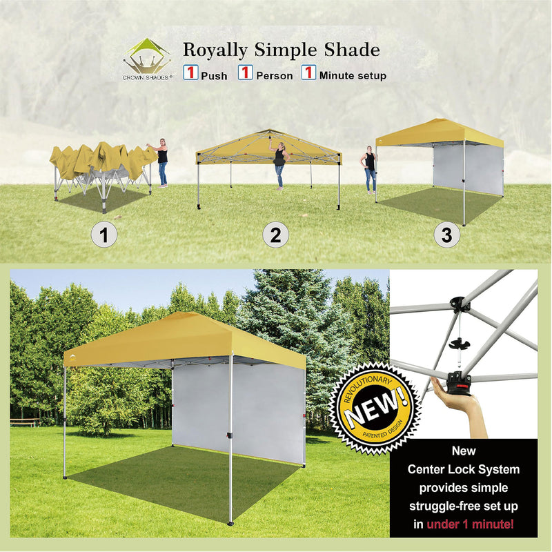 CROWN SHADES 10x10 Ft Pop Up Tent w/ Sidewall & Push Center Lock, Yellow (Used)