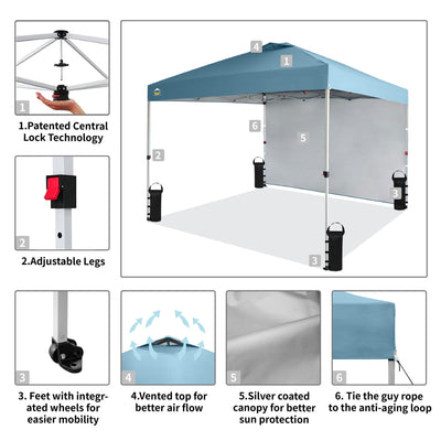 CROWN SHADES 10x10 Ft Pop Up Canopy Tent w/Sidewall & Push Lock,Cyan Blue (Used)