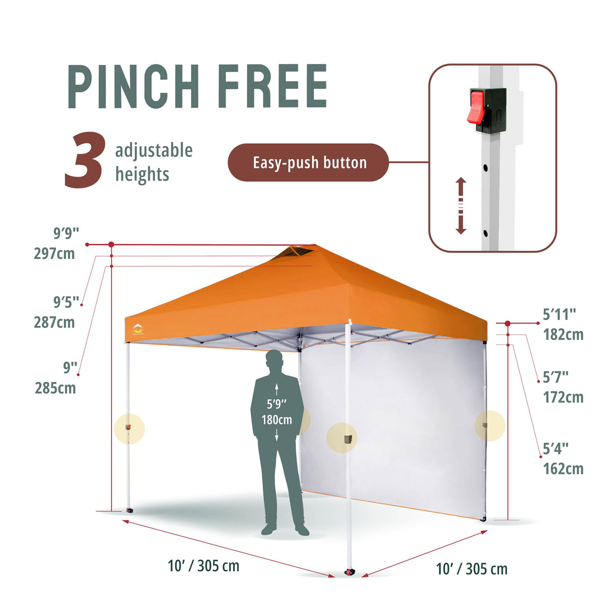 CROWN SHADES 10x10 Ft Pop Up Canopy Tent w/ Sidewall & Push Center Lock, Orange - VMInnovations