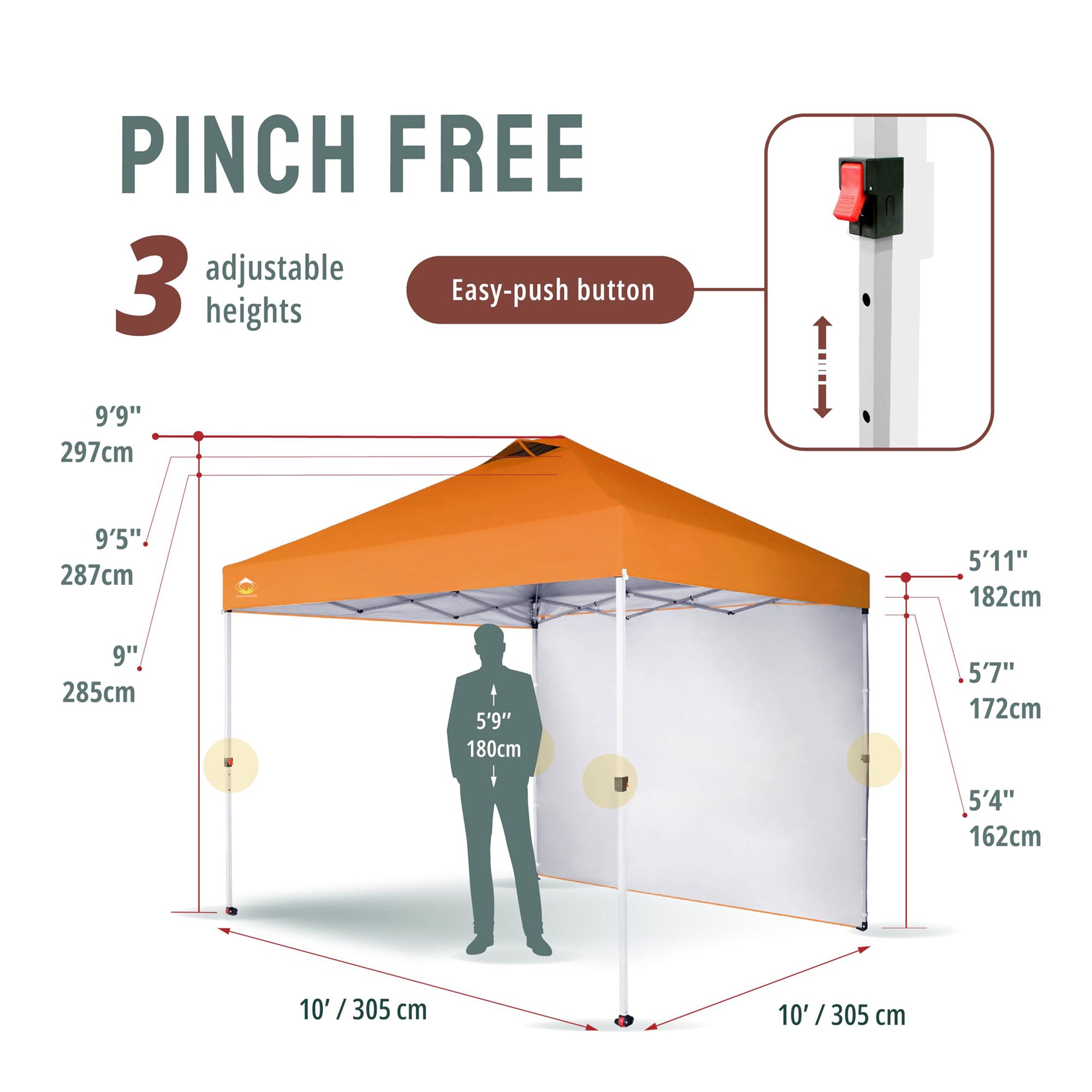 CROWN SHADES 10x10 Ft Pop Up Canopy Tent w/ Sidewall & Push Center Lock, Orange