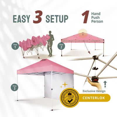 CROWN SHADES 10x10 Ft Pop Up Canopy Tent w/ Sidewall & Push Center Lock, Pink