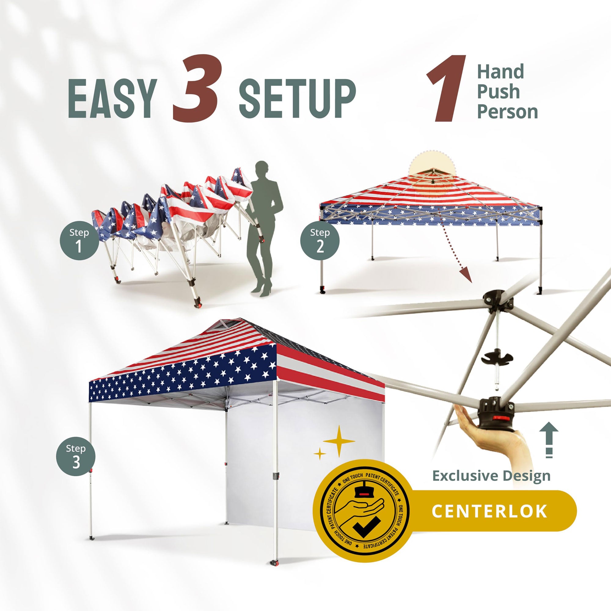 CROWN SHADES 10x10 Ft Pop Up Canopy Tent w/Sidewall & Push Lock, American Flag - VMInnovations