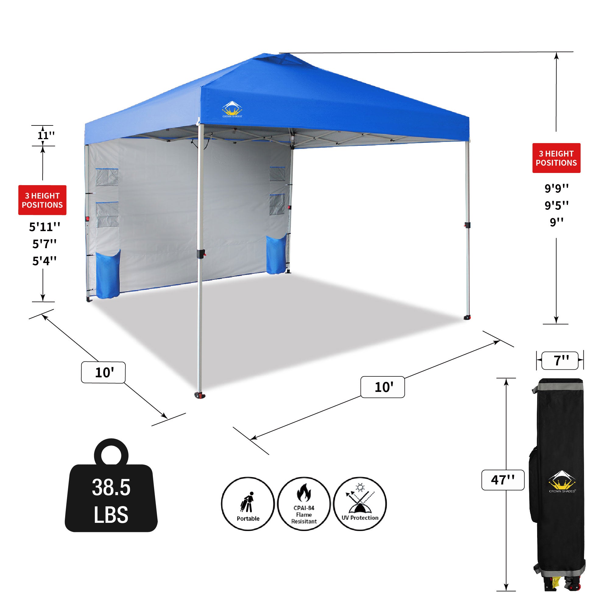 CROWN SHADES 10x10 Ft Pop Up Canopy Tent with Organizer Pocket Sidewall, Blue