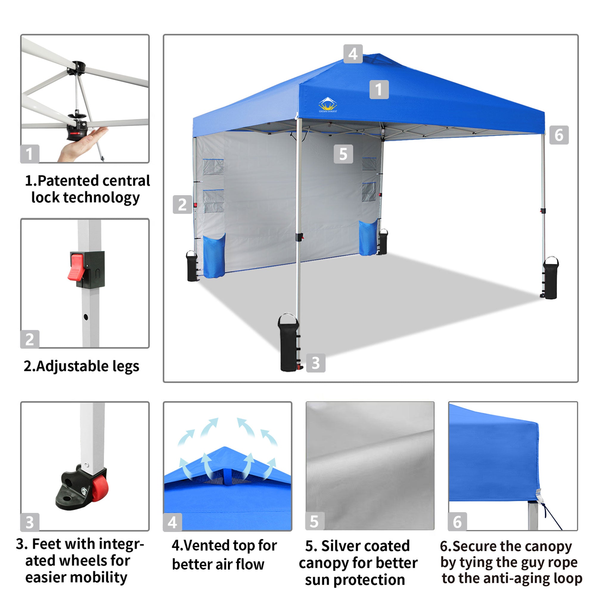 CROWN SHADES 10x10 Ft Pop Up Canopy Tent with Organizer Pocket Sidewall, Blue