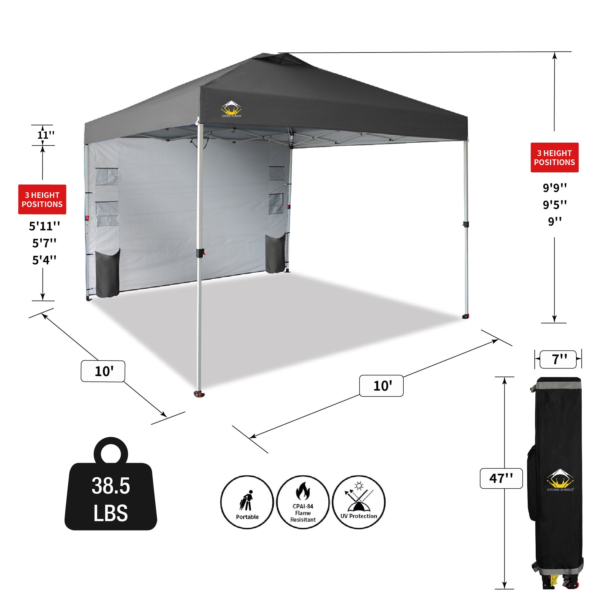 CROWN SHADES 10x10 Ft Pop Up Canopy Tent w/Organizer Pocket Sidewall, Grey(Used) - VMInnovations