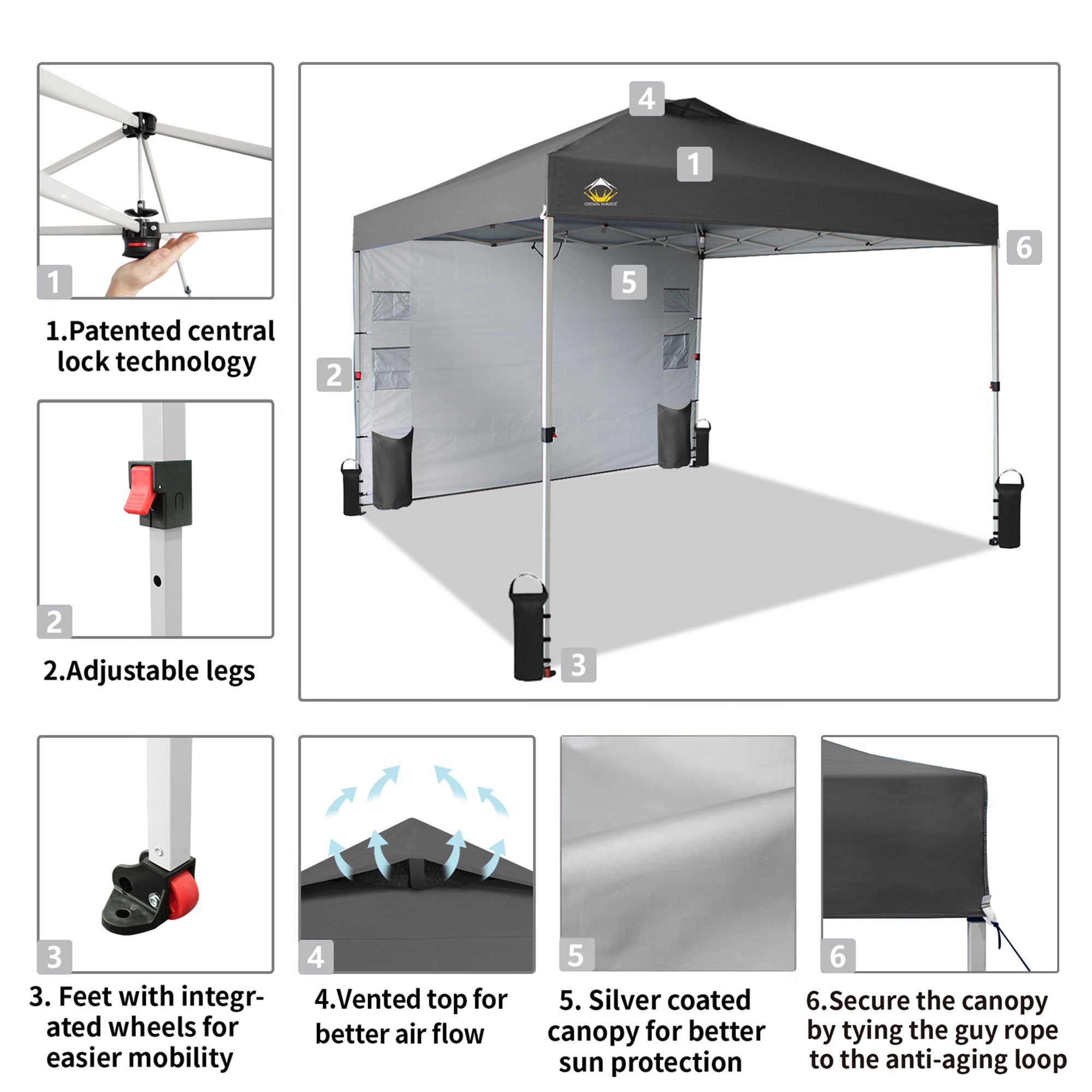 CROWN SHADES 10x10 Ft Pop Up Canopy Tent w/Organizer Pocket Sidewall, Grey(Used) - VMInnovations