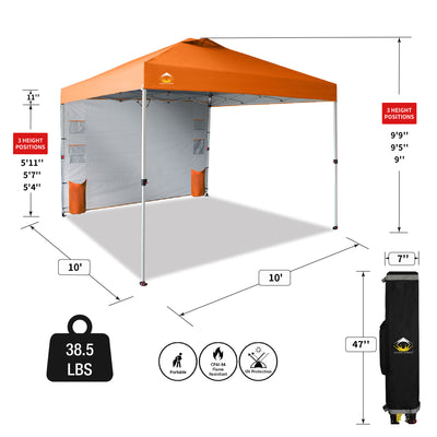 CROWN SHADES 10x10 Ft Pop Up Canopy Tent with Organizer Pocket Sidewall, Orange