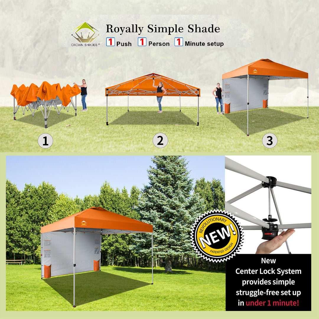 CROWN SHADES 10x10Ft Pop Up Canopy Tent w/Organizer Pocket Sidewall,Orange(Used) - VMInnovations