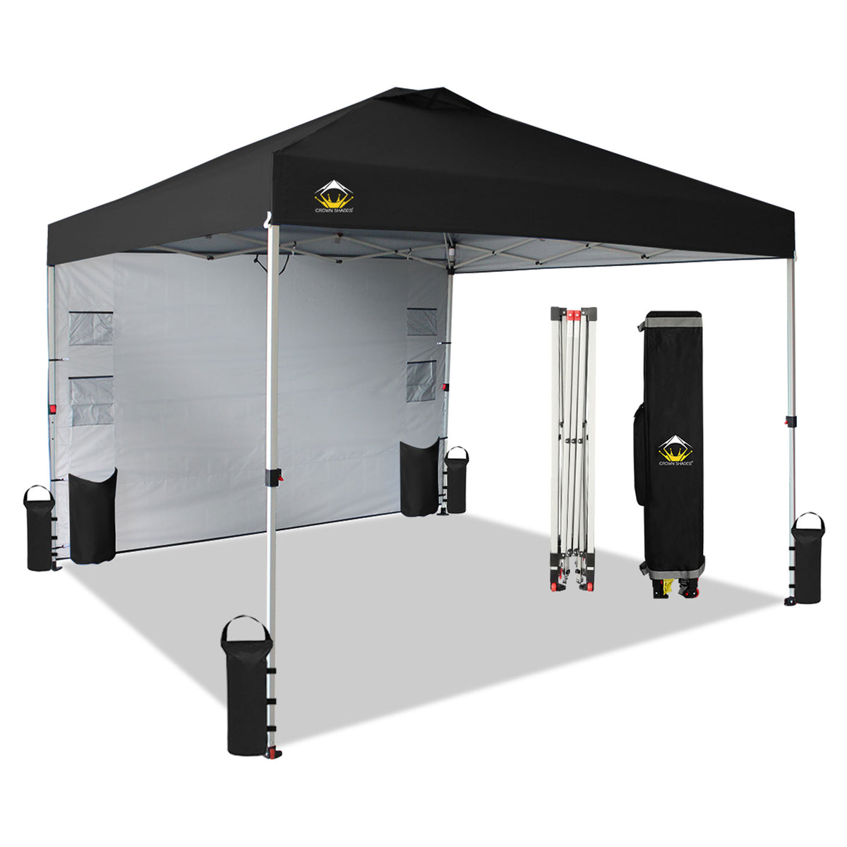 CROWN SHADES 10x10 Ft Pop Up Canopy Tent with Organizer Pocket Sidewall, Black