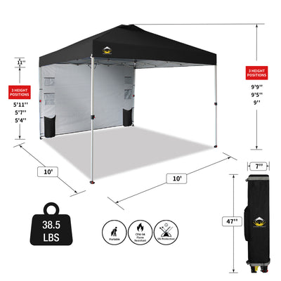 CROWN SHADES 10x10 Ft Pop Up Canopy Tent with Organizer Pocket Sidewall, Black