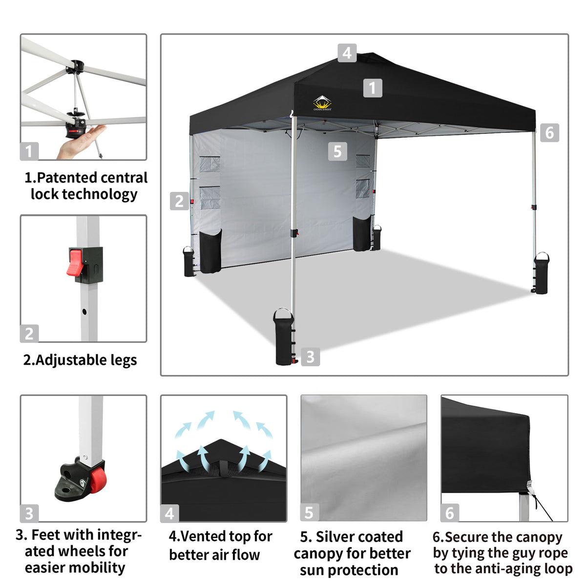 CROWN SHADES 10x10 Ft Pop Up Canopy Tent with Organizer Pocket Sidewall, Black