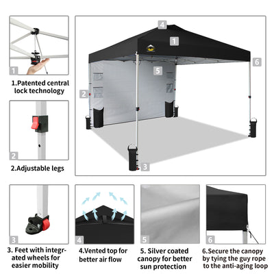 CROWN SHADES 10x10 Ft Pop Up Canopy Tent with Organizer Pocket Sidewall, Black