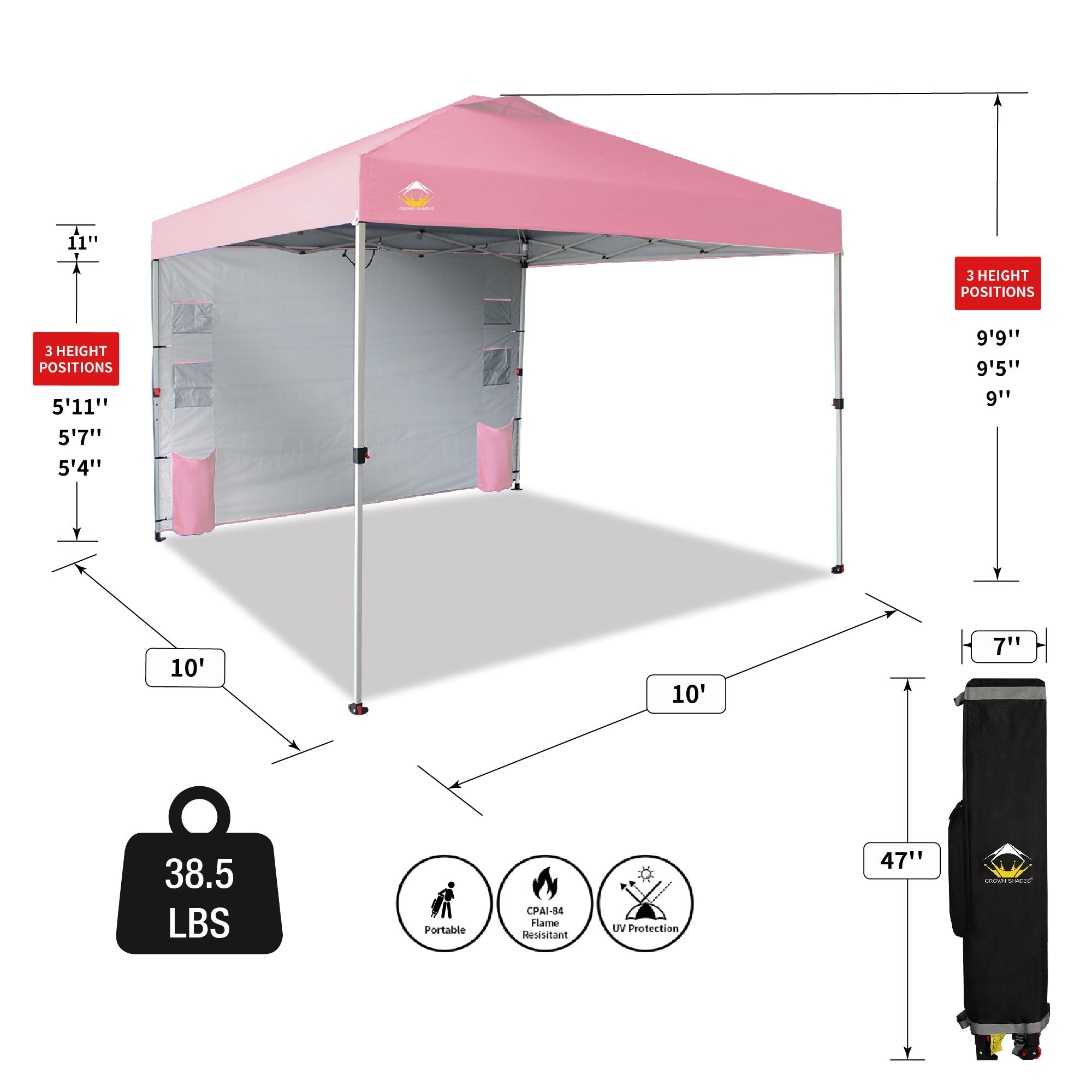 CROWN SHADES 10x10 Ft Pop Up Canopy Tent with Organizer Pocket Sidewall, Pink