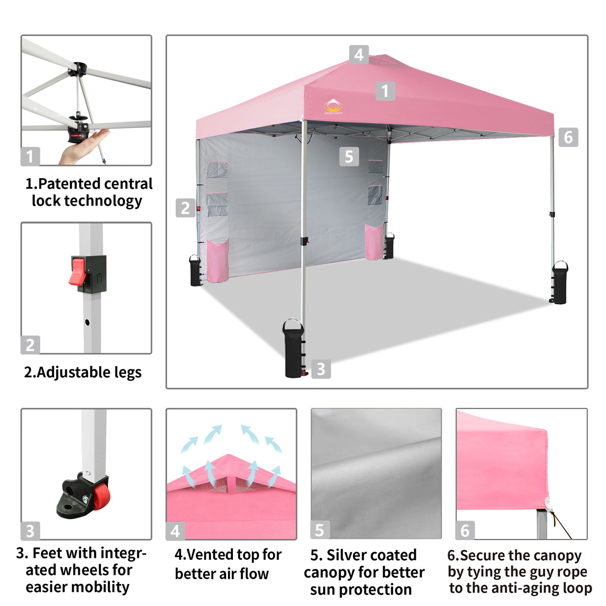 CROWN SHADES 10x10 Ft Pop Up Canopy Tent with Organizer Pocket Sidewall, Pink