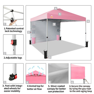 CROWN SHADES 10x10 Ft Pop Up Canopy Tent with Organizer Pocket Sidewall, Pink