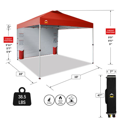 CROWN SHADES 10x10 Ft Pop Up Canopy Tent with Organizer Pocket Sidewall, Red