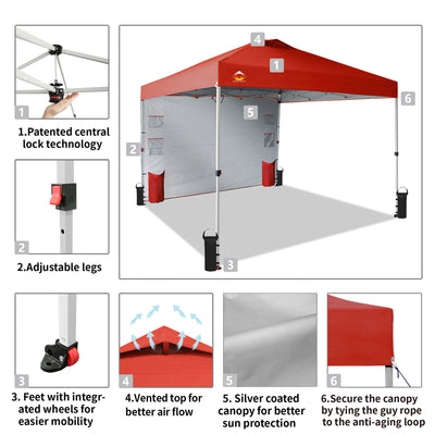 CROWN SHADES 10x10 Ft Pop Up Canopy Tent with Organizer Pocket Sidewall, Red