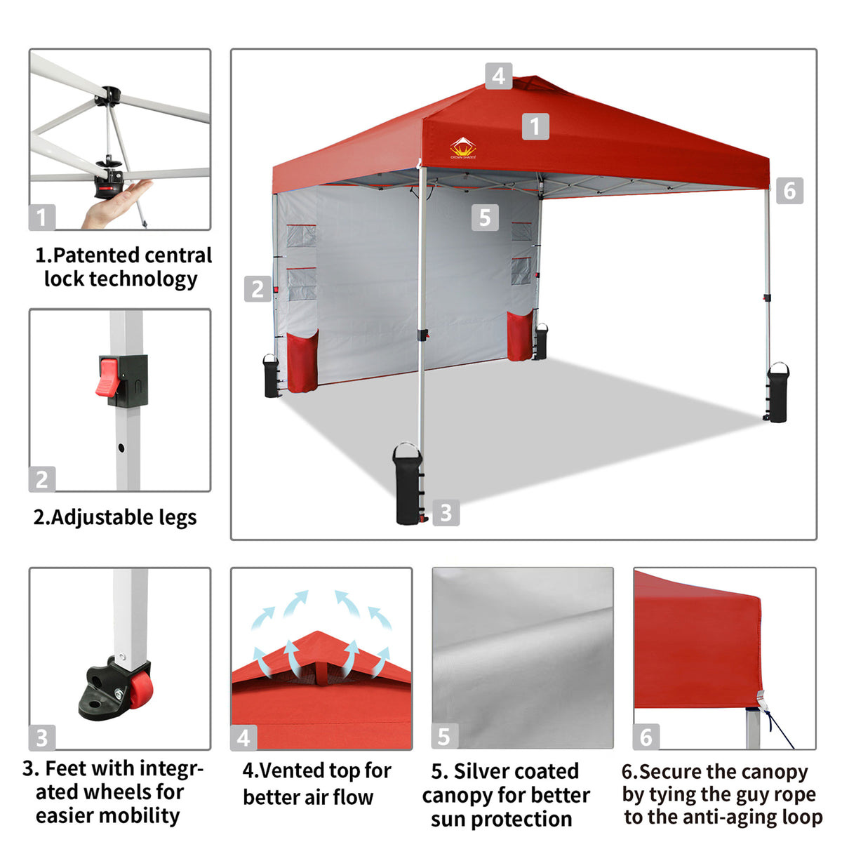 CROWN SHADES 10x10 Ft Pop Up Canopy Tent with Organizer Pocket Sidewall, Red