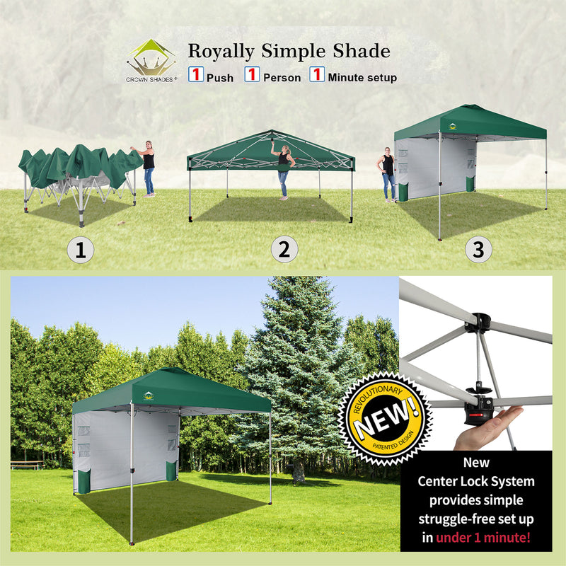 CROWN SHADES 10x10 Ft Pop Up Canopy Tent w/Pocket Sidewall, Forest Green (Used)