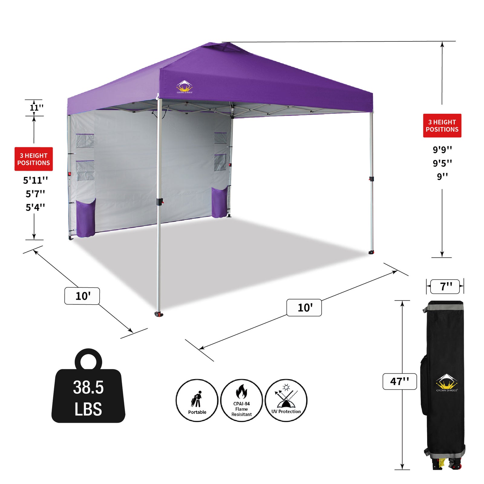 CROWN SHADES 10x10 Ft Pop Up Canopy Tent w/Organizer Sidewall, Purple (Used) - VMInnovations