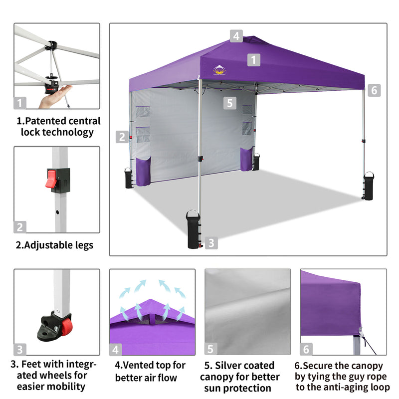 CROWN SHADES 10x10 Ft Pop Up Canopy Tent w/Organizer Sidewall, Purple (Used)