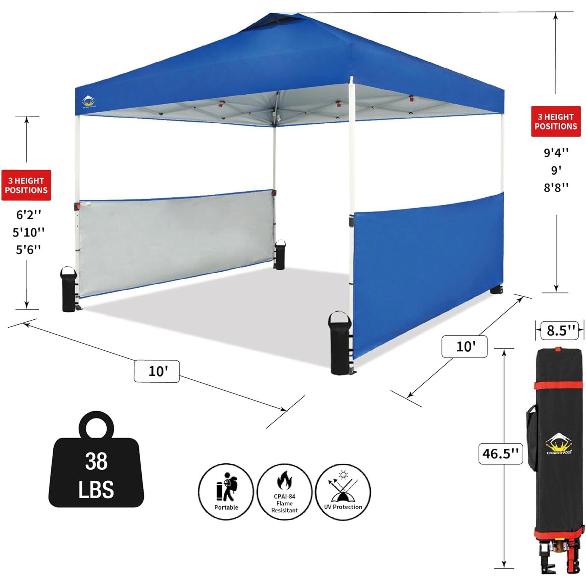 CROWN SHADES 10x10 Ft Pop Up Outdoor Canopy Tent with 2 Half Sidewalls, Blue