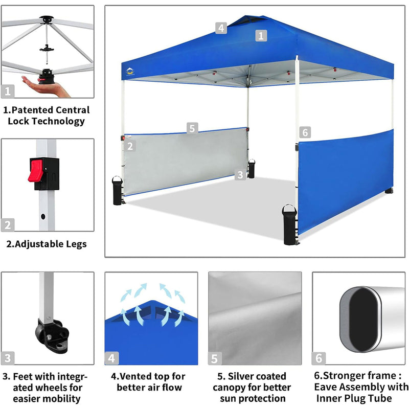 CROWN SHADES 10x10 Ft Pop Up Outdoor Canopy Tent w/2 Half Sidewalls, Blue (Used)