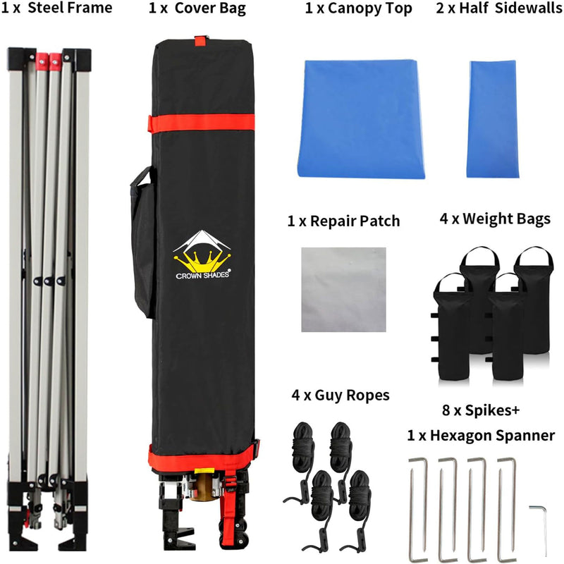 CROWN SHADES 10x10 Ft Pop Up Outdoor Canopy Tent w/2 Half Sidewalls, Blue (Used)