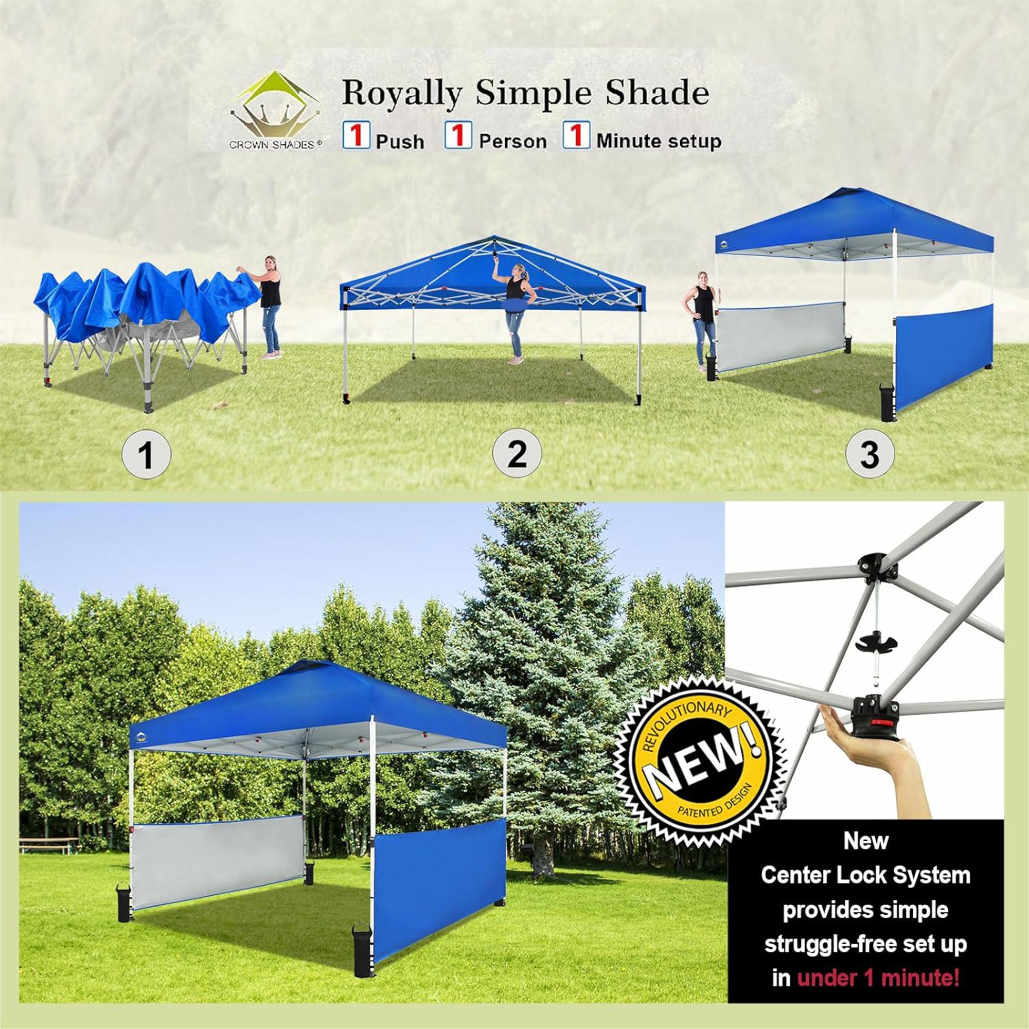 CROWN SHADES 10x10 Ft Pop Up Outdoor Canopy Tent with 2 Half Sidewalls, Blue