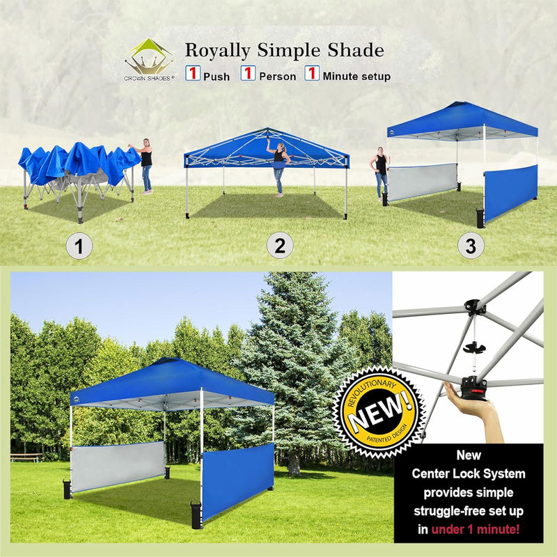 CROWN SHADES 10x10 Ft Pop Up Outdoor Canopy Tent w/2 Half Sidewalls, Blue (Used)