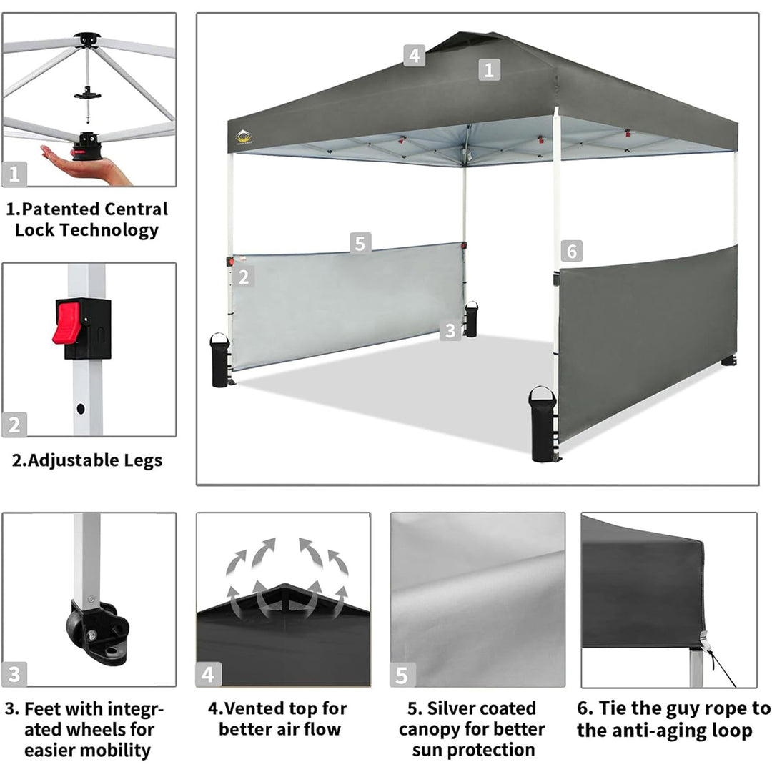 CROWN SHADES 10x10 Ft Pop Up Outdoor Canopy Tent w/2 Half Sidewalls, Grey (Used)